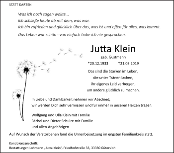 Traueranzeige von Jutta Klein von Die Glocke