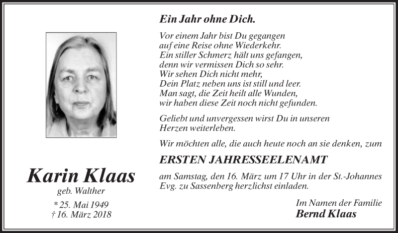  Traueranzeige für Karin Klaas vom 13.03.2019 aus Die Glocke