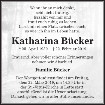 Traueranzeige von Katharina Bücker von Die Glocke