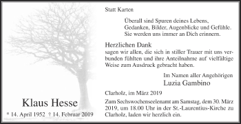 Traueranzeige von Klaus Hesse von Die Glocke