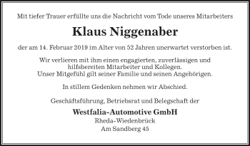 Traueranzeige von Klaus Niggenaber von Die Glocke