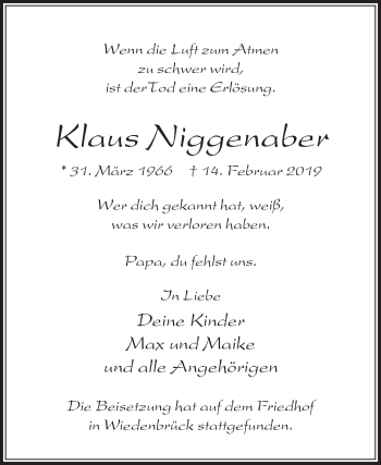 Traueranzeige von Klaus Niggenaber von Die Glocke