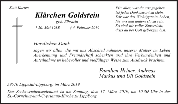 Traueranzeige von Klärchen Goldstein von Die Glocke