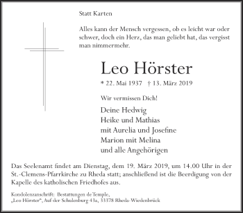 Traueranzeige von Leo Hörster von Die Glocke