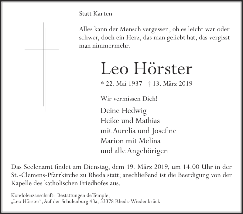  Traueranzeige für Leo Hörster vom 16.03.2019 aus Die Glocke