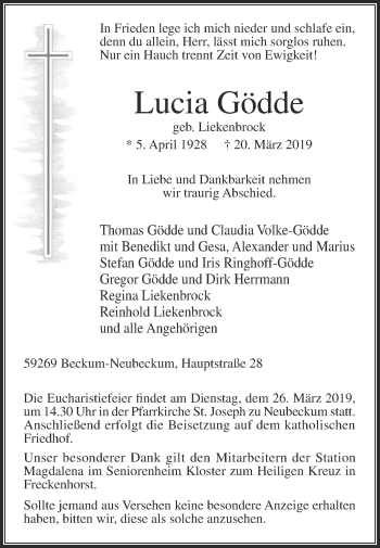 Traueranzeige von Lucia Gödde von Die Glocke