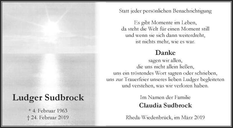  Traueranzeige für Ludger Sudbrock vom 16.03.2019 aus Die Glocke