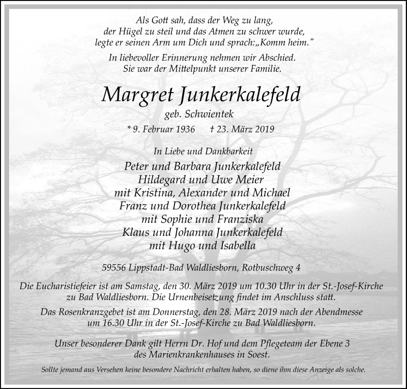  Traueranzeige für Margret Junkerkalefeld vom 26.03.2019 aus Die Glocke
