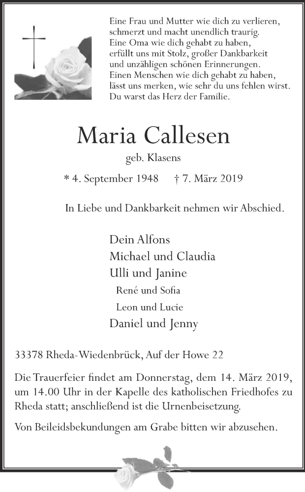  Traueranzeige für Maria Callesen vom 09.03.2019 aus Die Glocke