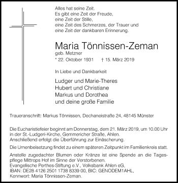 Traueranzeige von Maria Tönnissen-Zeman von Die Glocke