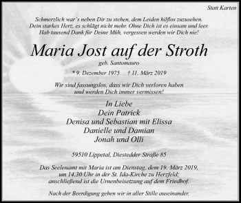 Traueranzeige von Maria Jost auf der Stroth von Die Glocke