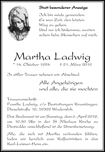 Traueranzeige von Martha Ladwig von Die Glocke