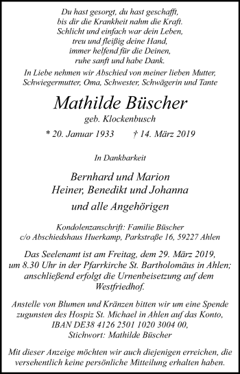 Traueranzeige von Mathilde Büscher von Die Glocke