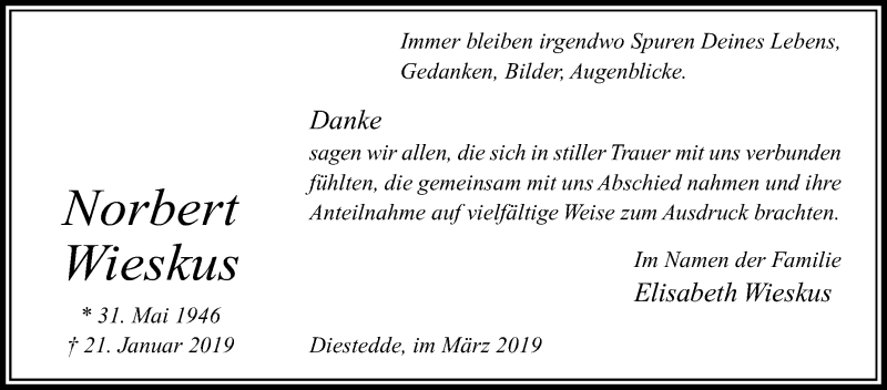  Traueranzeige für Norbert Wieskus vom 02.03.2019 aus Die Glocke
