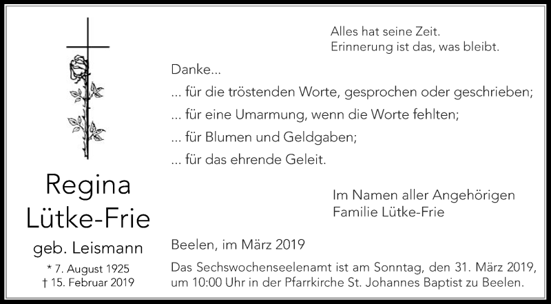  Traueranzeige für Regina Lütke-Frie vom 23.03.2019 aus Die Glocke