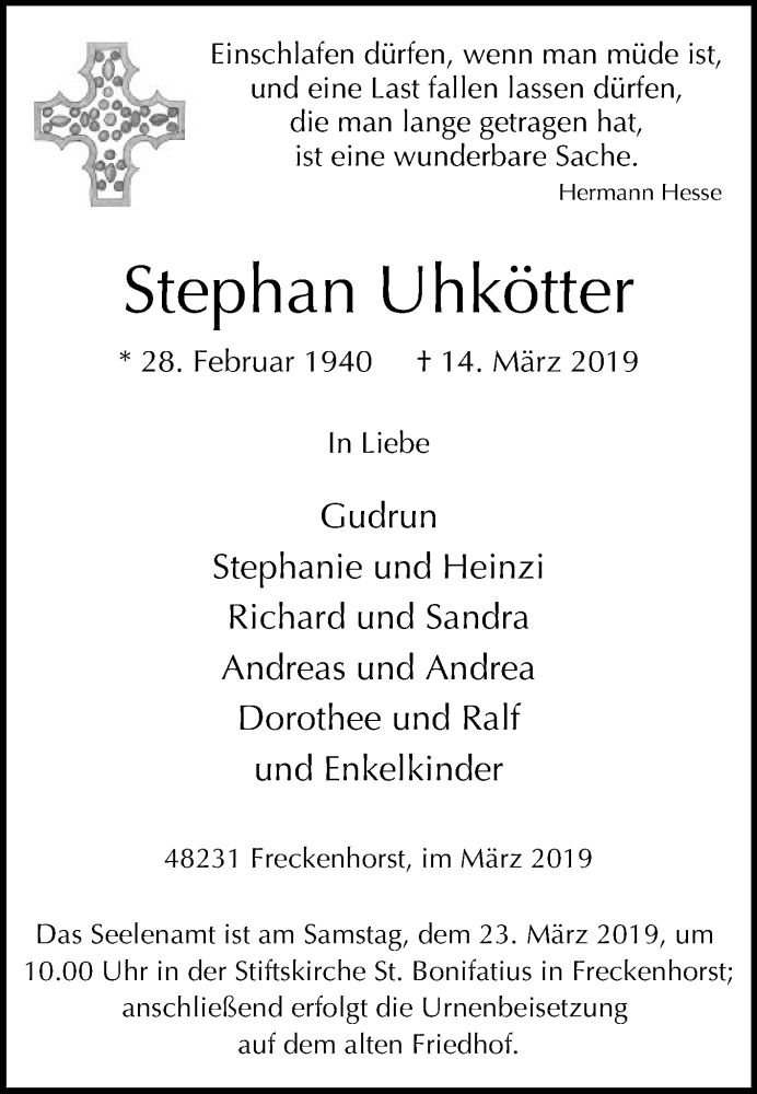  Traueranzeige für Stephan Uhkötter vom 18.03.2019 aus Die Glocke