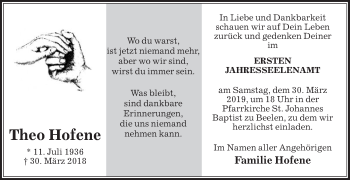 Traueranzeige von Theo Hofene von Die Glocke