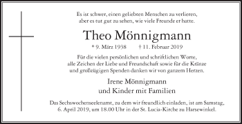 Traueranzeige von Theo Mönnigmann von Die Glocke