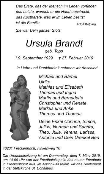 Traueranzeige von Ursula Brandt von Die Glocke