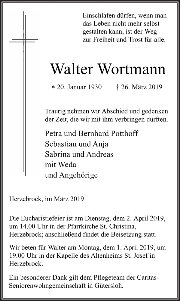  Traueranzeige für Walter Wortmann vom 29.03.2019 aus Die Glocke