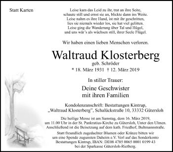 Traueranzeige von Waltraud Klosterberg von Die Glocke