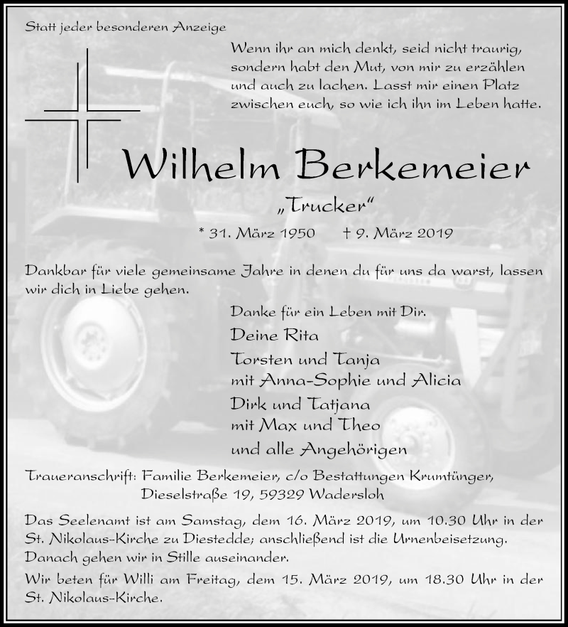  Traueranzeige für Wilhelm Berkemeier vom 13.03.2019 aus Die Glocke