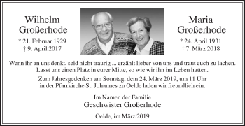 Traueranzeige von Wilhelm Großerhode von Die Glocke