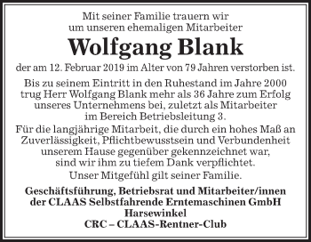 Traueranzeige von Wolfgang Blank von Die Glocke