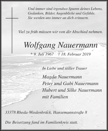 Traueranzeige von Wolfgang Nauermann von Die Glocke