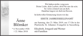 Traueranzeige von Änne Blömker von Die Glocke