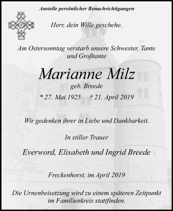 Traueranzeige von Marianne Milz von DIE GLOCKE