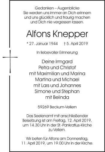 Traueranzeige von Alfons Knepper von Die Glocke