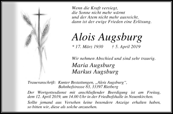 Traueranzeige von Alois Augsburg von Die Glocke