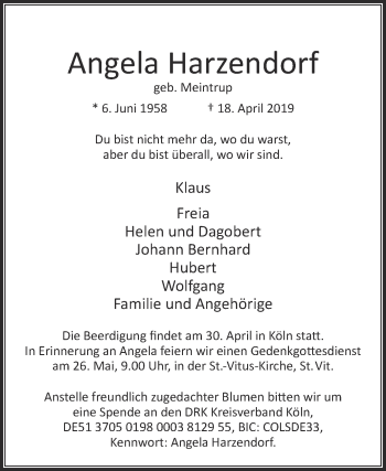 Traueranzeige von Angela Harzendorf von Die Glocke