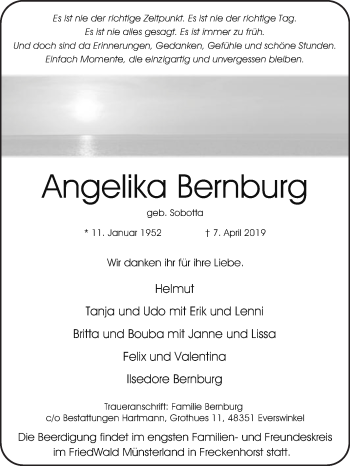 Traueranzeige von Angelika Bernburg von Die Glocke