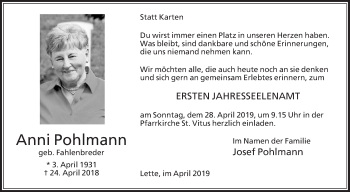 Traueranzeige von Anni Pohlmann von Die Glocke