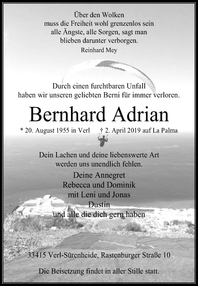  Traueranzeige für Bernhard Adrian vom 13.04.2019 aus Die Glocke