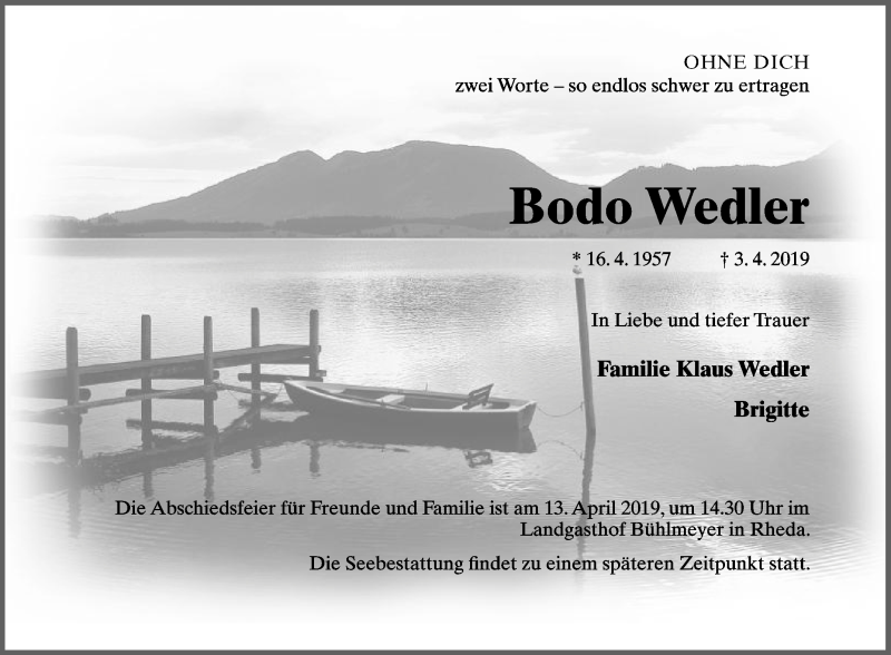  Traueranzeige für Bodo Wedler vom 10.04.2019 aus Die Glocke