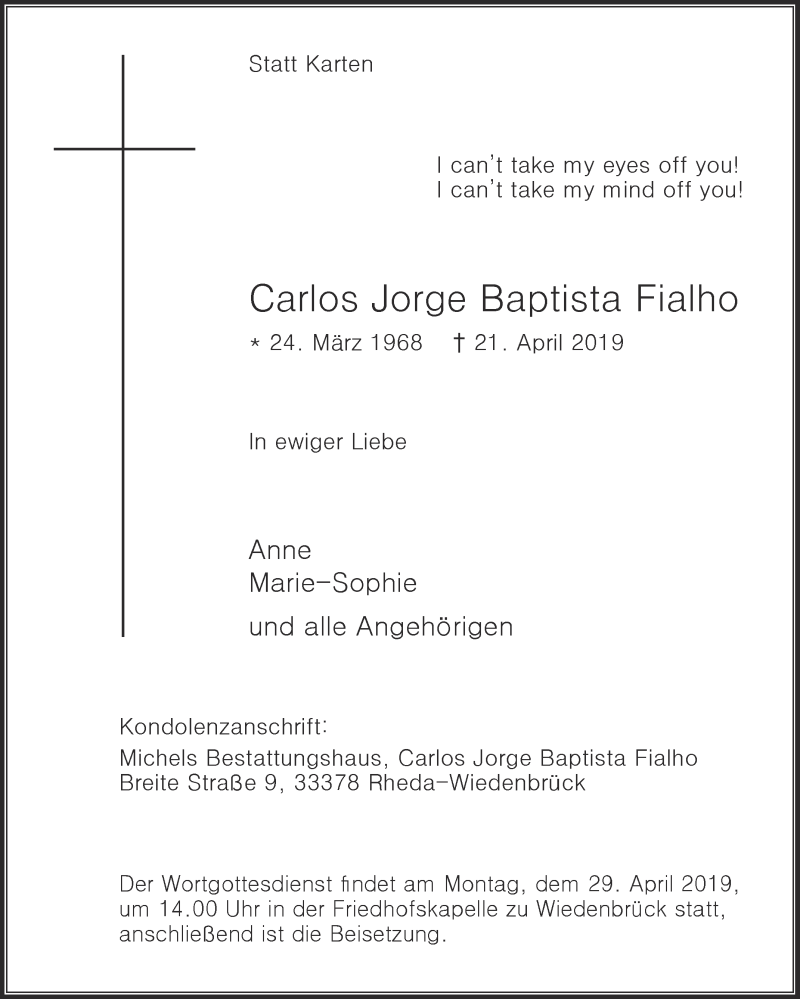  Traueranzeige für Carlos Jorge Baptista Fialho vom 26.04.2019 aus Die Glocke
