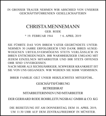 Traueranzeige von Christa Mennemann von Die Glocke