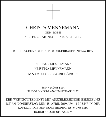 Traueranzeige von Christa Mennemann von Die Glocke