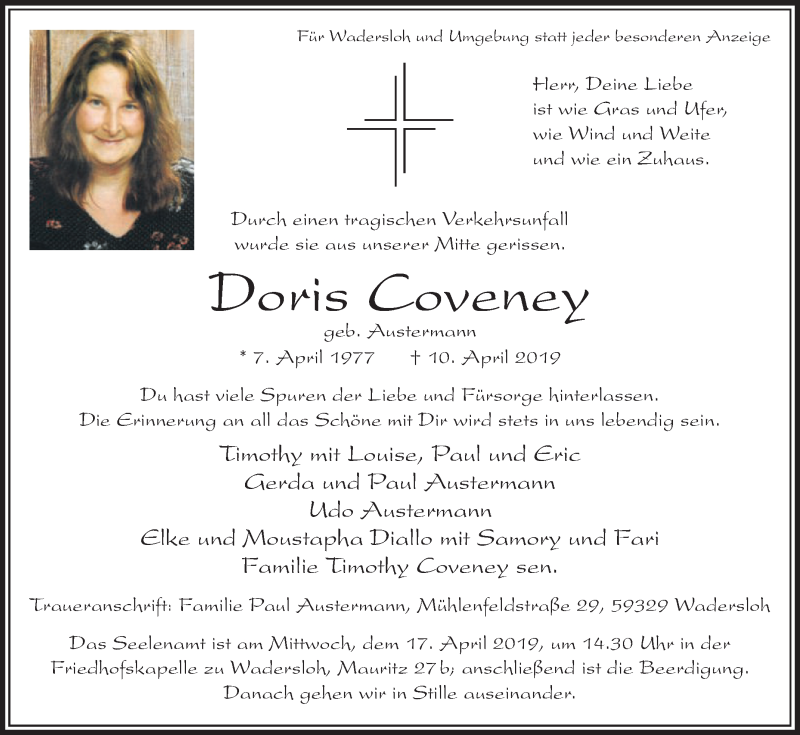  Traueranzeige für Doris Coveney vom 13.04.2019 aus Die Glocke