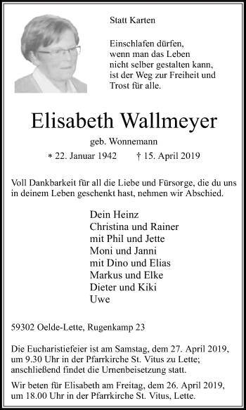 Traueranzeige von Elisabeth Wallmeyer von Die Glocke