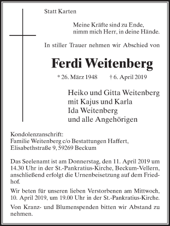 Traueranzeige von Ferdi Weitenberg von Die Glocke