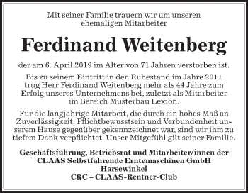 Traueranzeige von Ferdinand Weitenberg von Die Glocke