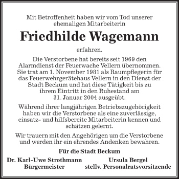 Traueranzeige von Friedhilde Wagemann von Die Glocke