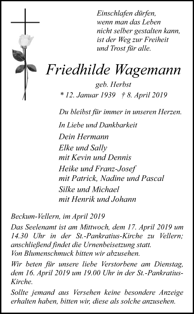  Traueranzeige für Friedhilde Wagemann vom 13.04.2019 aus Die Glocke
