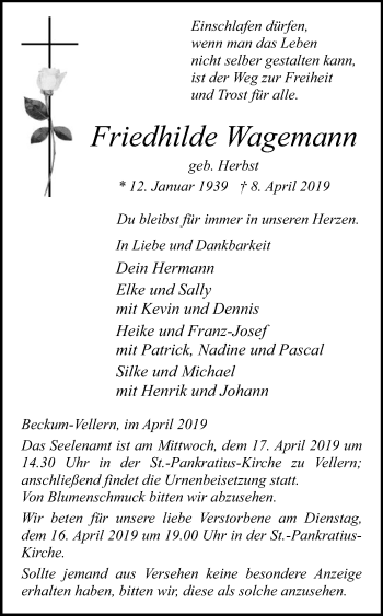 Traueranzeige von Friedhilde Wagemann von Die Glocke