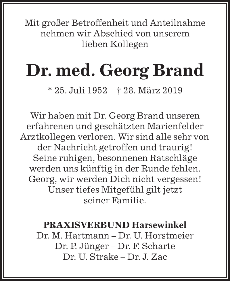  Traueranzeige für Georg Brand vom 06.04.2019 aus Die Glocke