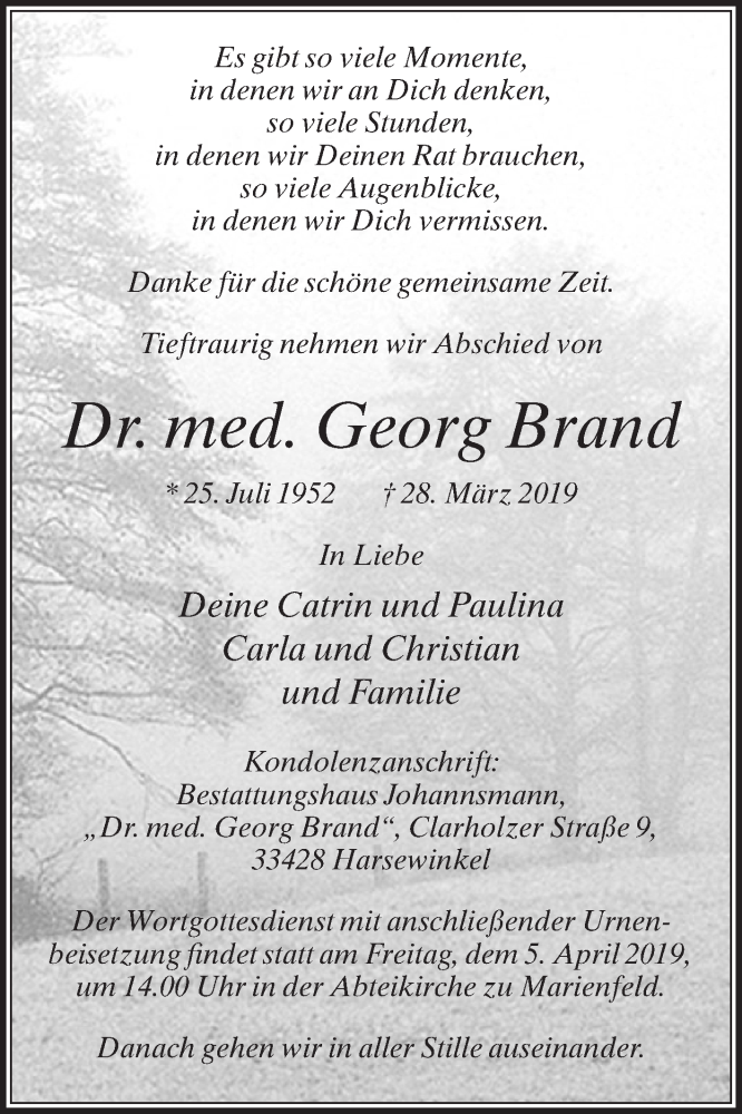  Traueranzeige für Georg Brand vom 03.04.2019 aus Die Glocke